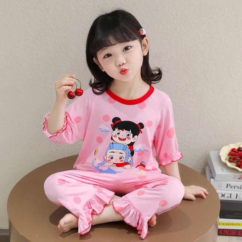 女童睡衣夏季新款莫代尔卡通哪吒儿童家居服小女孩宝宝薄款家居服