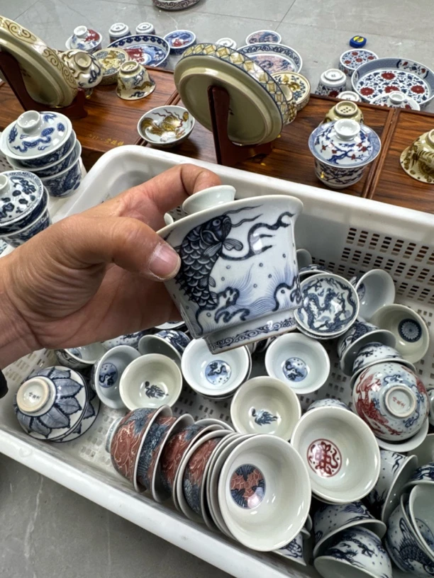 景德镇青花鱼化龙两才盖碗