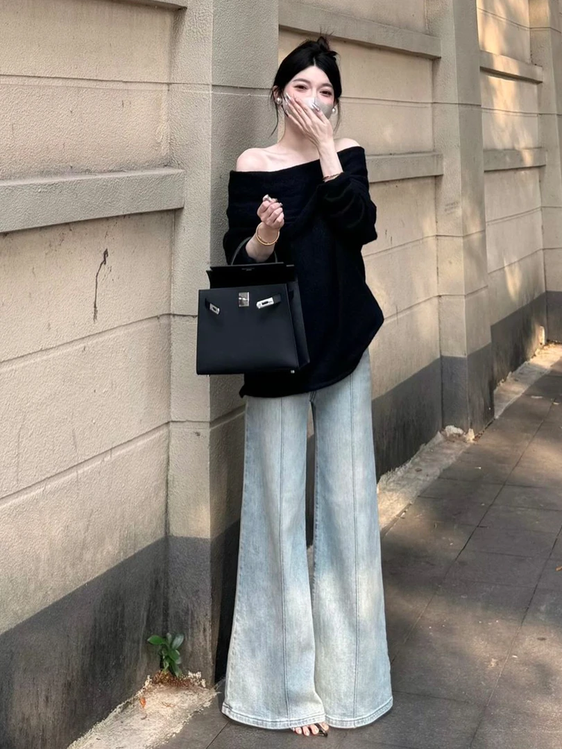 休闲套装慵懒松弛感法式一字肩黑色针织毛衣阔腿裤两件套2025秋季