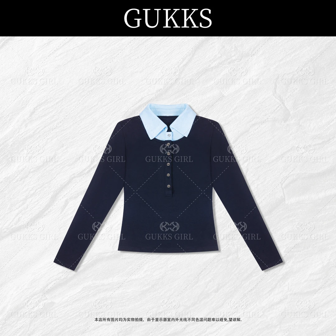 娜娜GUKKS『惬意时光』秋季新款内搭假两件拼接宽松百搭长袖打底衫
