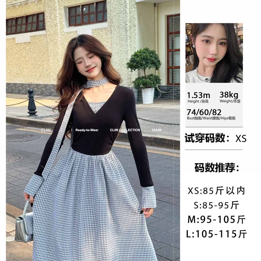 菜菜【格律街头】小个子格子拼接显瘦显高假两件飘带连衣裙HLMQ020