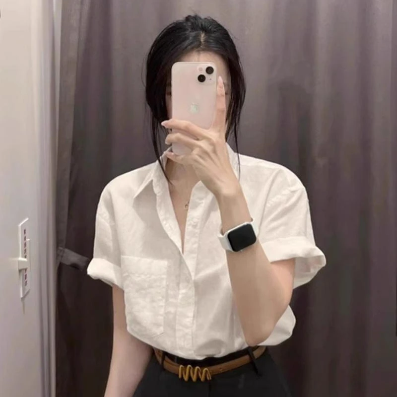 SEVHREN短袖棉麻衬衫女夏设计感小众职业质感衬衣小个子亚麻上衣