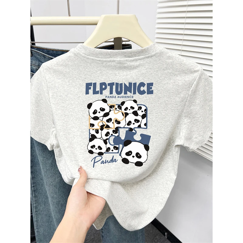 大码胖mm白灰色正肩短袖t恤女夏季新款熊猫前后印花休闲圆领上衣
