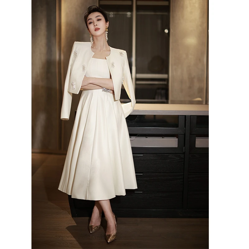 高定时尚女装新款重工珠花西装外套配吊带连衣裙小香风女总裁套装