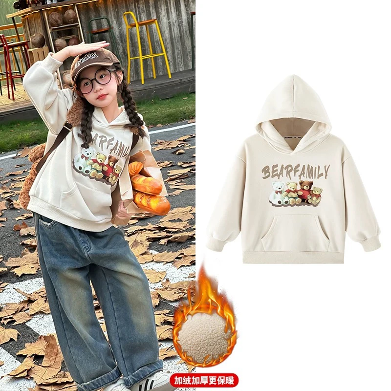 女童卫衣秋冬加绒加厚连帽韩版加绒卫衣男女同款