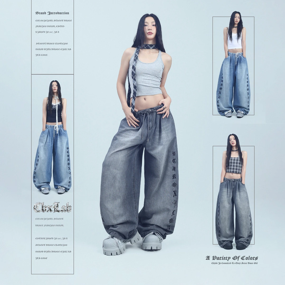 CBXLAB街舞哥特小花刺绣牛仔美式个性嘻哈长裤潮复古遮胯显瘦裤