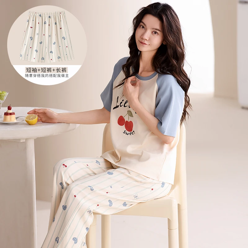 2025莉莉新款女士圆领纯棉短袖长裤爱心樱桃宽松睡衣家居服三件套