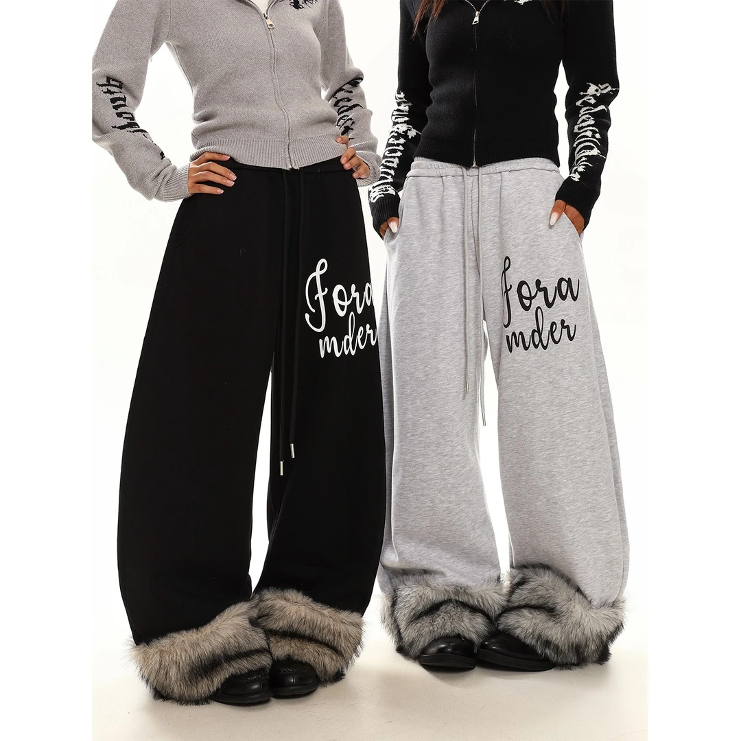 Y-C美式复古撞色毛绒裤脚拼接休闲裤女秋冬宽松阔腿ins卫裤