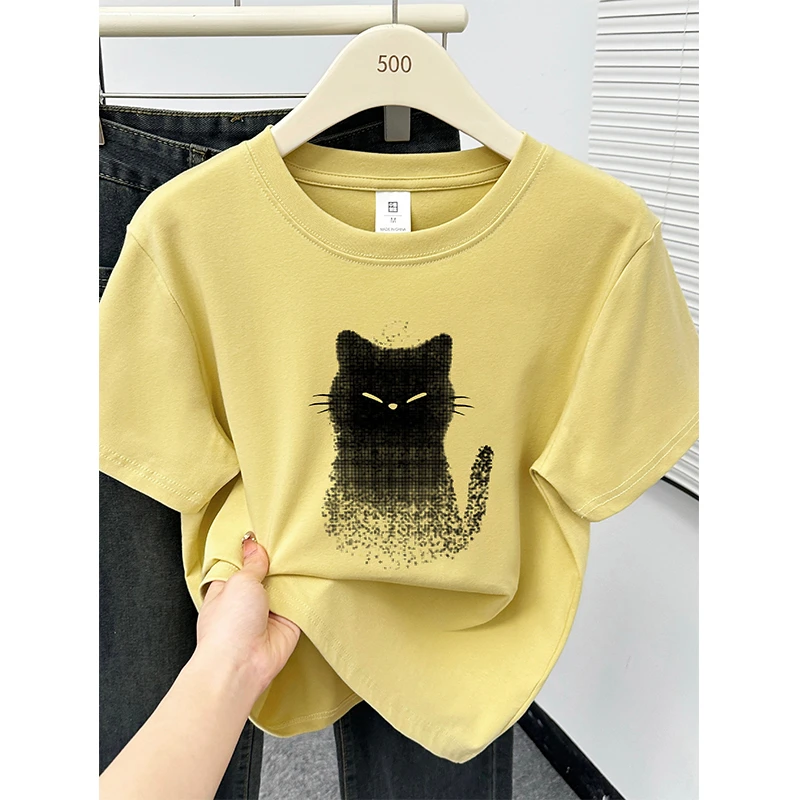 猫咪印花百搭正肩t恤短袖女款爆款2025新款大码遮肚子显瘦上衣服
