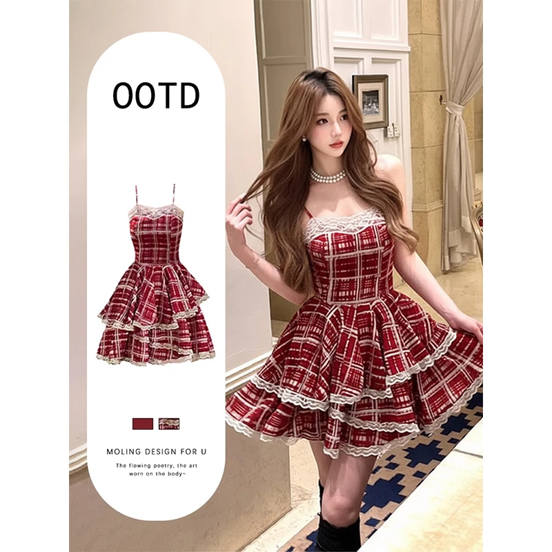 格子吊带连衣裙裙子法式纯欲小个子收腰显瘦蓬蓬蛋糕公主裙高级感