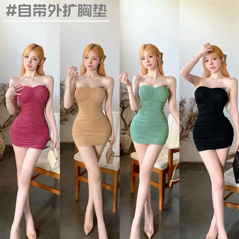 新款纯欲裹胸包臀连衣裙褶皱紧身显瘦酒吧蹦迪性感短裙