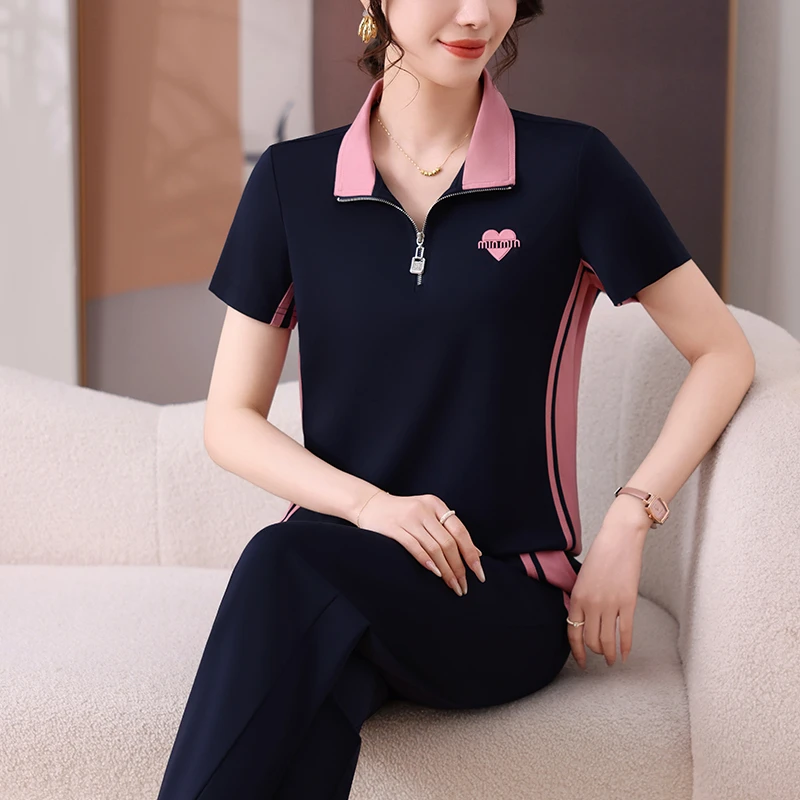 运动套装女夏季2025新款宽松薄款洋气女士冰丝短袖长裤休闲两件套