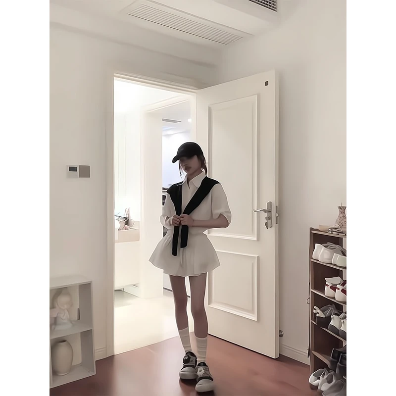 小个子洋气夏季穿搭女装白色polo领长袖衬衫上衣高腰半身裙一整套