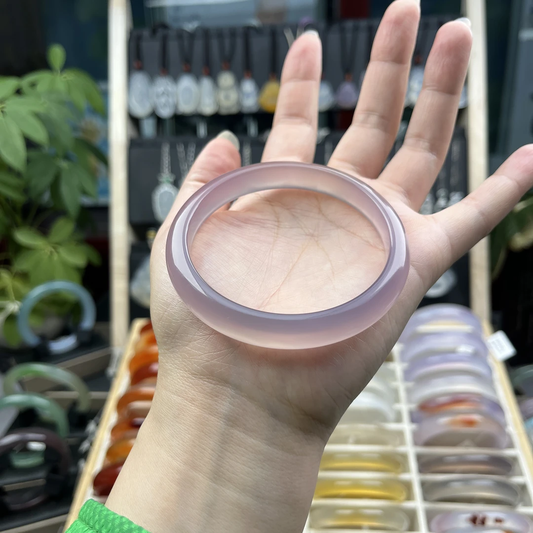 纯天然帝王紫烟紫色玛瑙玉髓手镯冰透正圈61