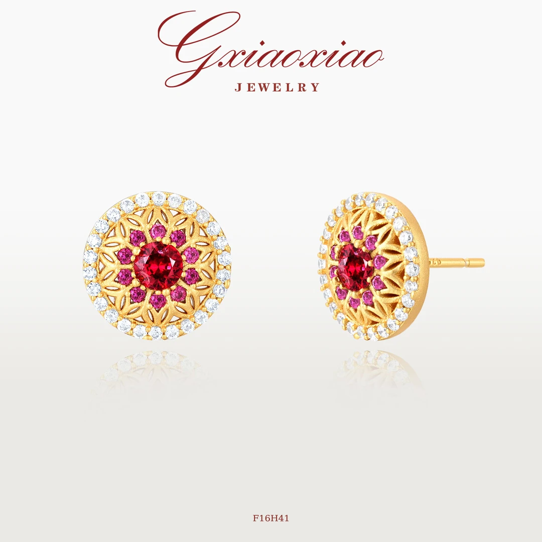 G XIAOXIAO 镀K金【赤韵幻梦】新中式镂空花窗太阳花耳环F16H41