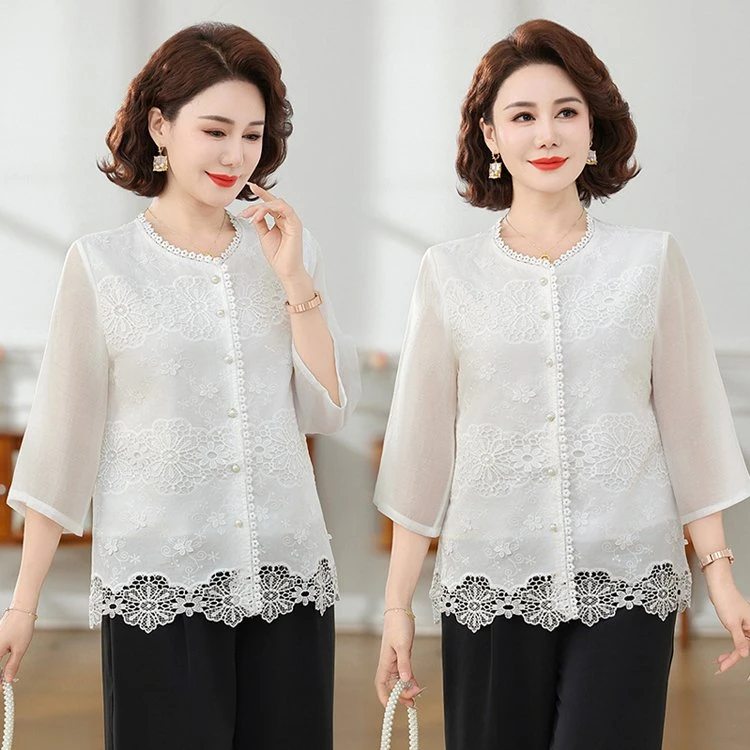 妈妈夏装蕾丝衬衫女2025新款中老年女春夏季时尚百搭上衣洋气小衫