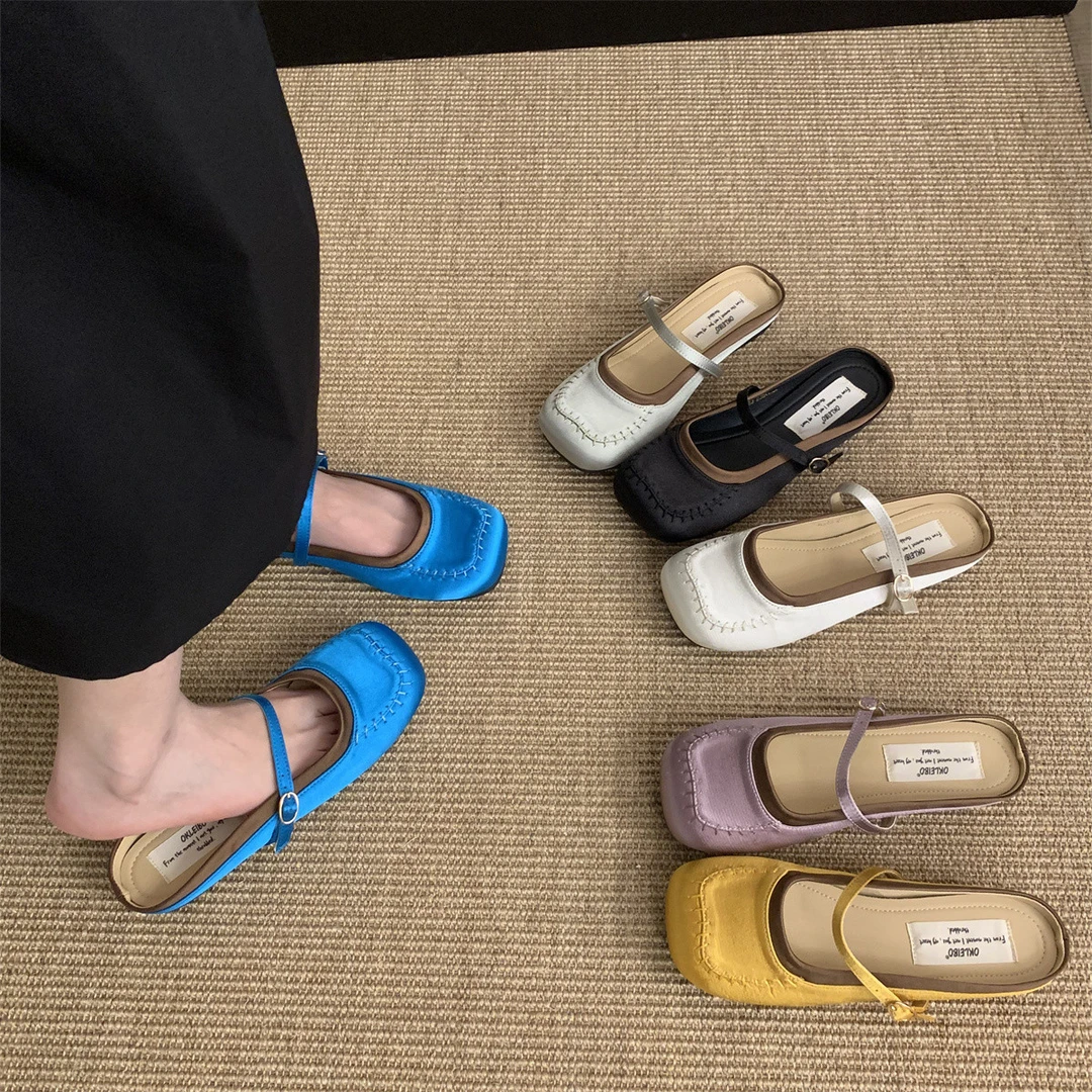 森系丑萌大圆头浅口一字带包头半拖单鞋女2025新款软底一脚蹬凉鞋