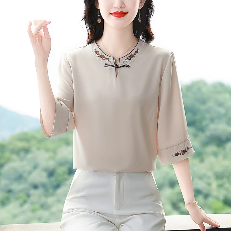新中式国风七分袖衬衫女士夏季2025新款夏装衬衣女宽松气质上衣夏