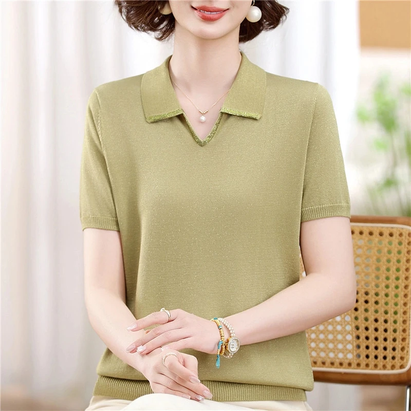 妈妈夏装新款翻领短袖天丝针织T恤中老年女装洋气上衣纯色小衫薄