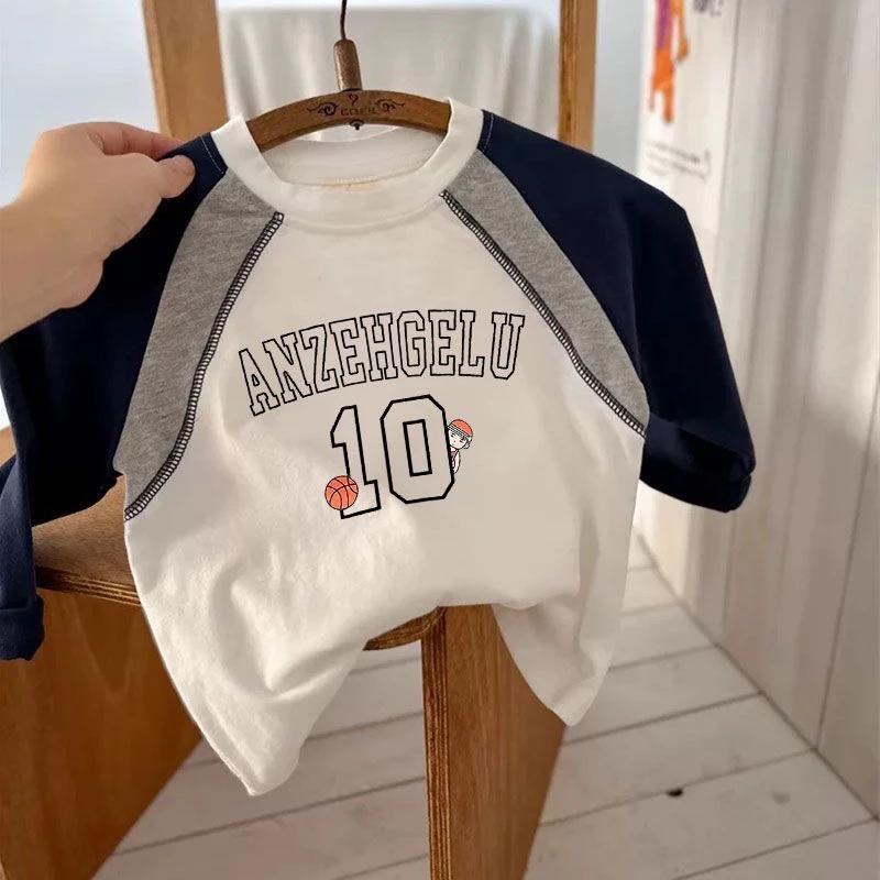 童装美式复古印花插肩袖t恤男女童春秋季撞色薄款纯棉长袖上衣ins