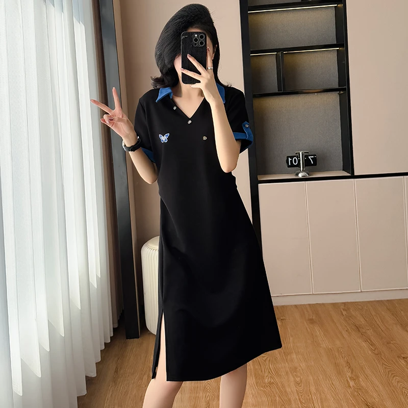 撞色牛仔拼接连衣裙女2025年夏季新款洋气时尚减龄显瘦百搭T恤裙