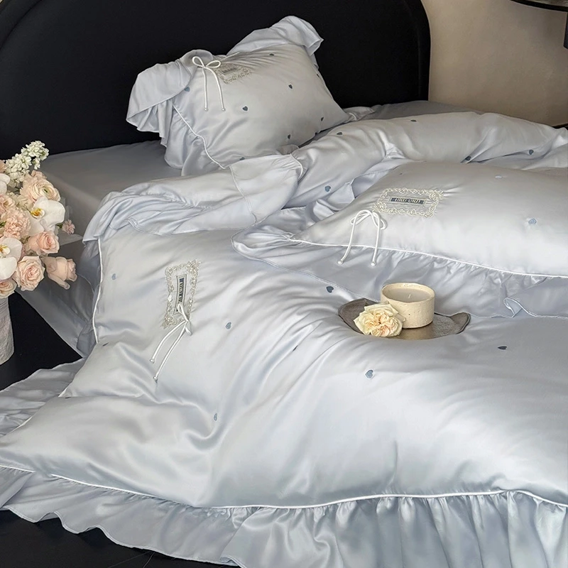 少女心夏季双面天丝床单四件套浪漫爱心刺绣凉感丝滑被套