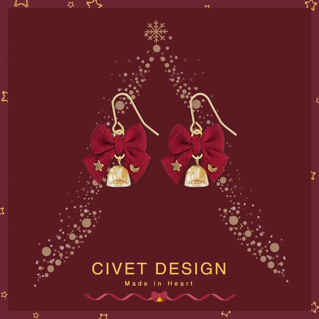 合金耳饰 原创复古蝴蝶结铃铛耳钩圣诞节耳环纯银可爱气质耳夹女