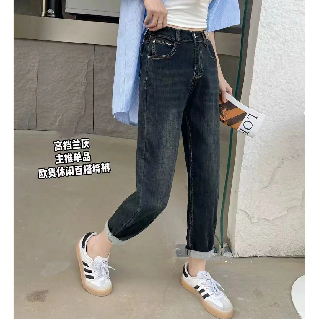 小施家夏季欧货时尚百搭高弹松紧腰老爹牛仔裤1167