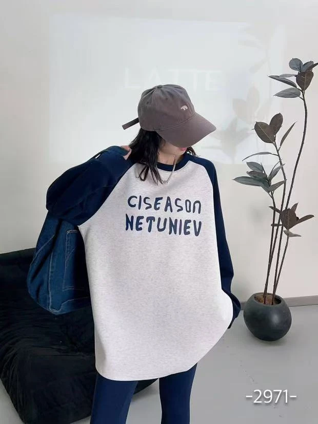 长袖不起球字母轻职风中长款T恤假两件圆领韩版拼接