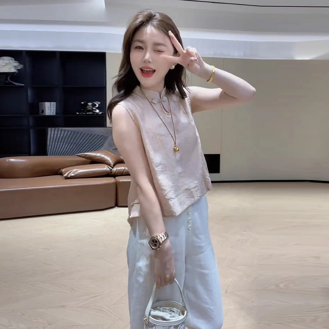 拉夏贝尔新中式国风衬衫女2025夏季新款减龄盘扣立领上衣两件套