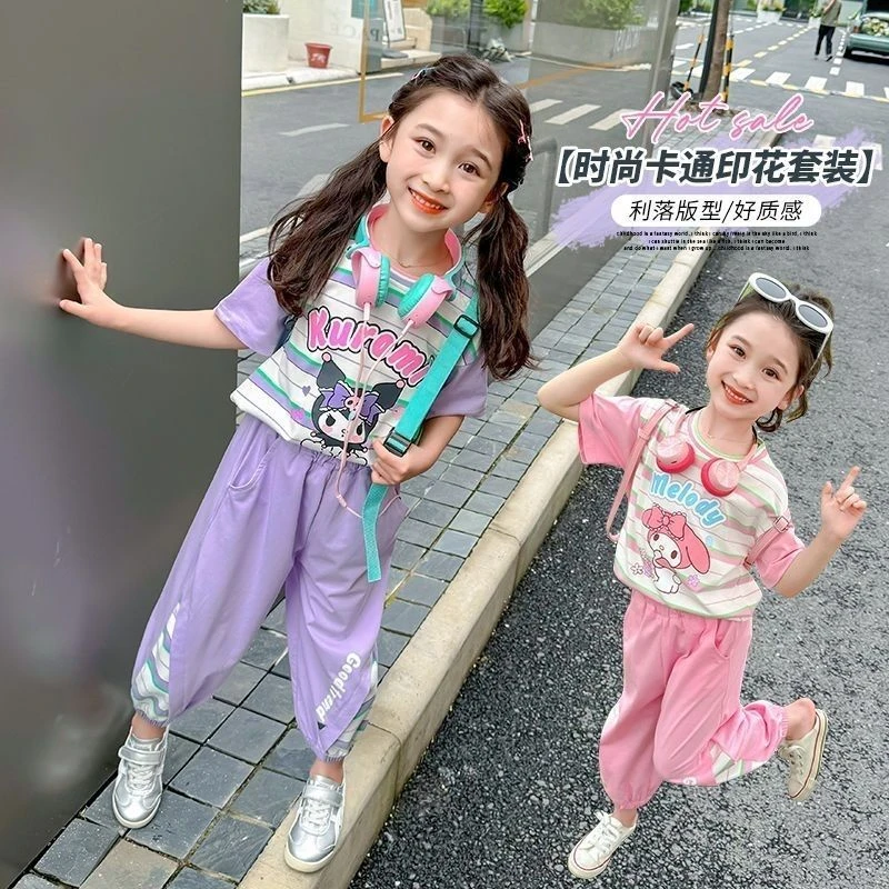 女童网红套装夏季2025新款韩系洋气女孩卡通休闲运动短袖两件套潮