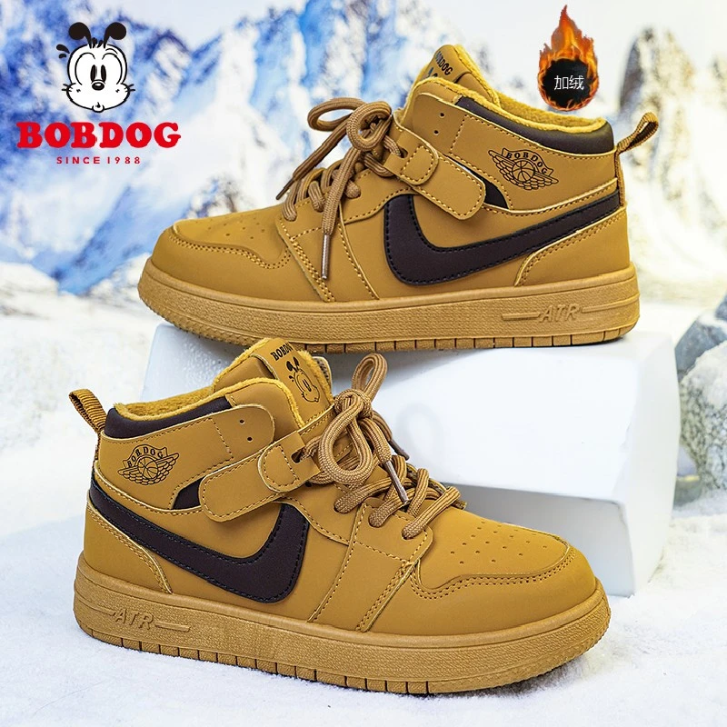 巴布豆童鞋男童冬季棉鞋2025新款加绒加厚皮面软底保暖儿童运动鞋