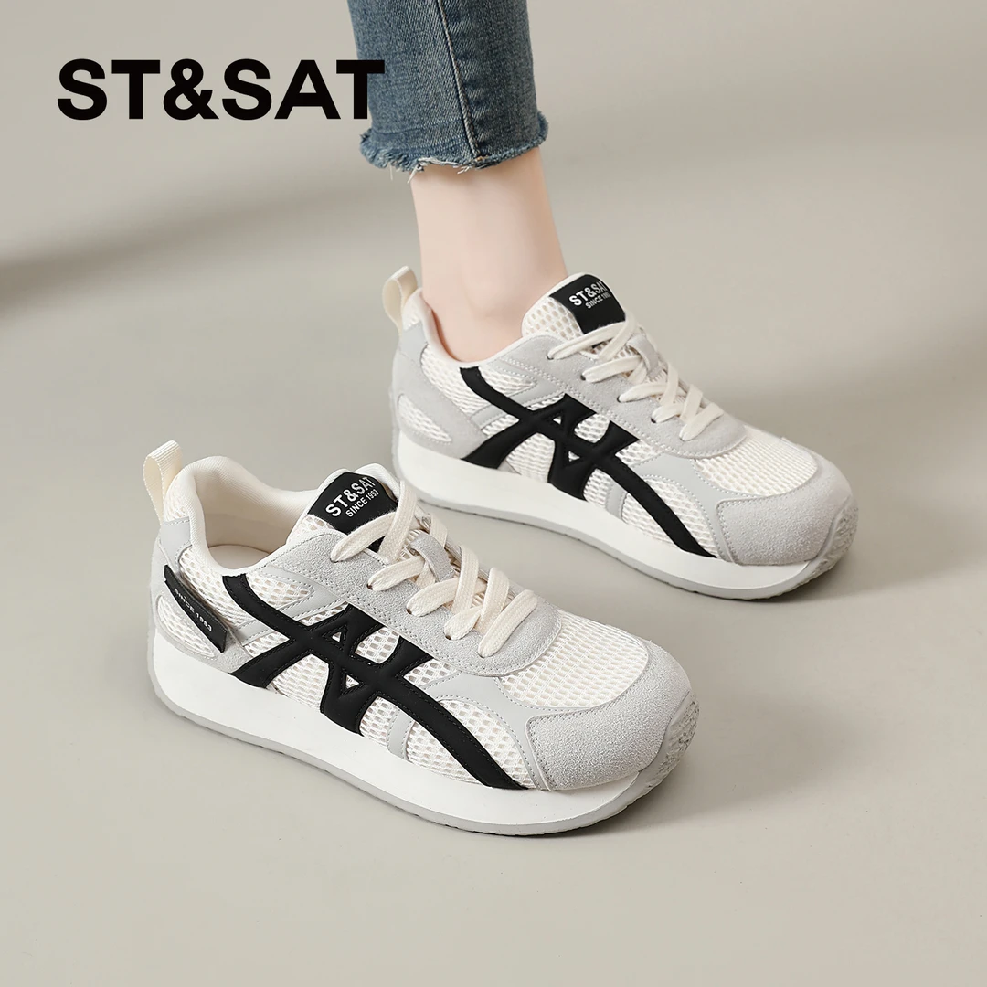 星期六厚底德训鞋2025秋季新款透气网面鞋女士复古休闲阿甘小白鞋