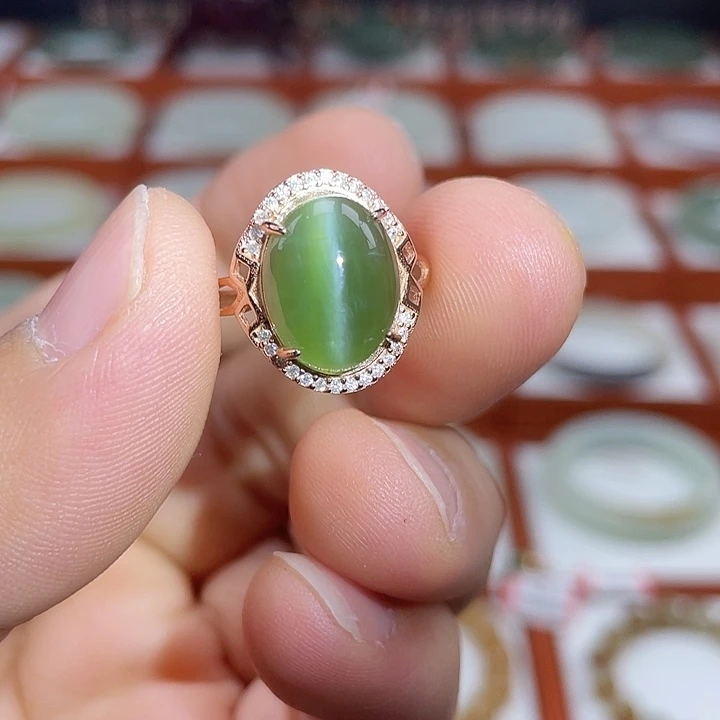 和田玉戒指银S925镶嵌一线天猫眼