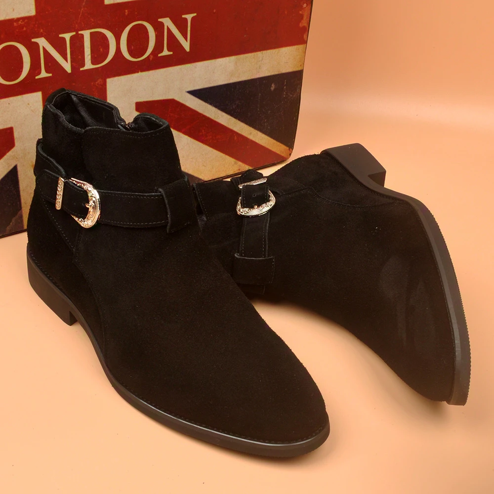 男士新款磨砂皮真皮切尔西靴尖头拉链马丁靴高帮百搭男鞋秋冬皮靴