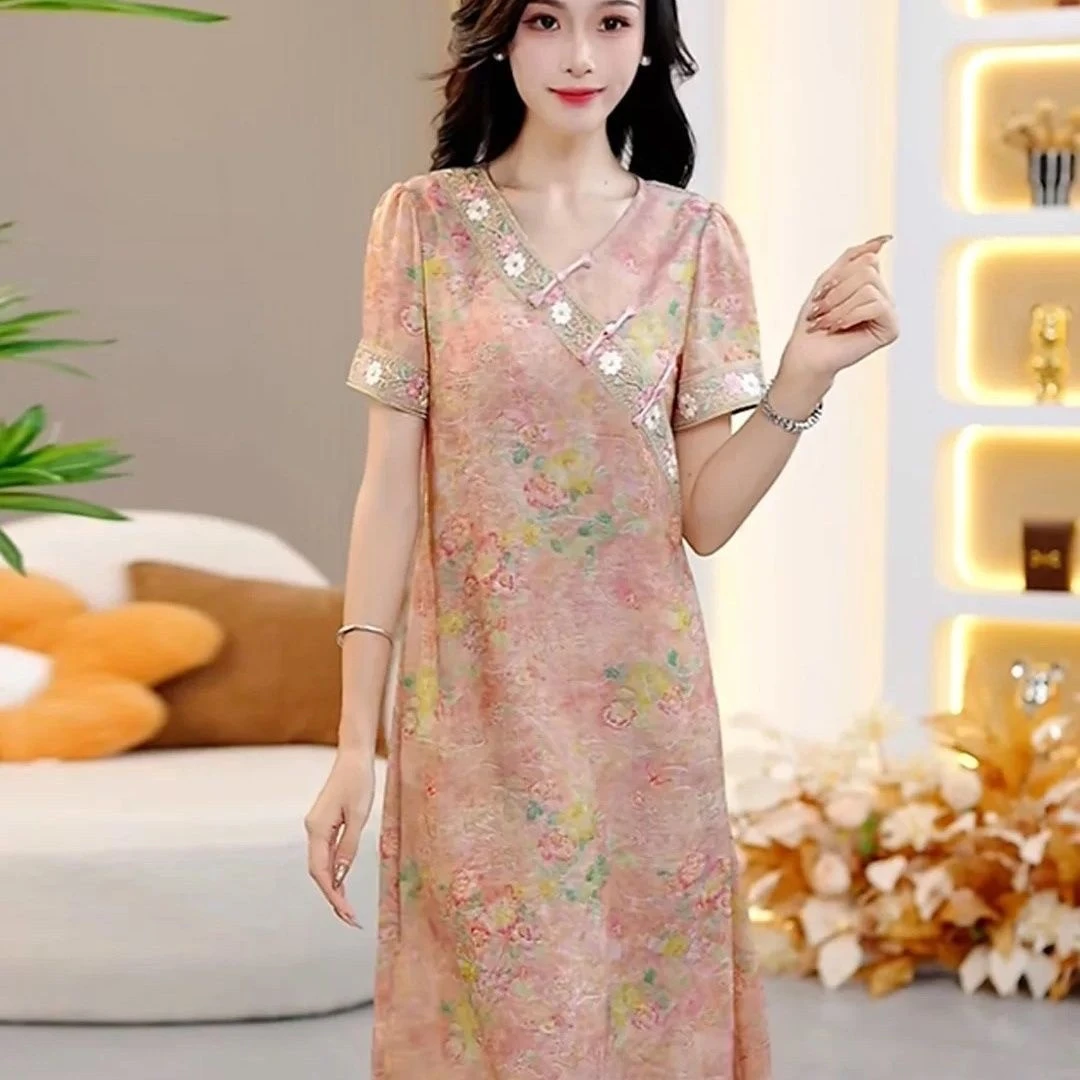 国风高端精致花色法式连衣裙女夏季新款宽松显瘦中长款裙子