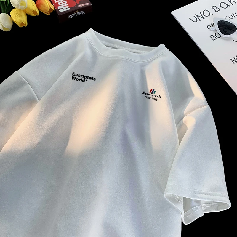 圆领日常磨边短袖夏季大白鲨T恤美式宽松港风t恤韩版情侣装