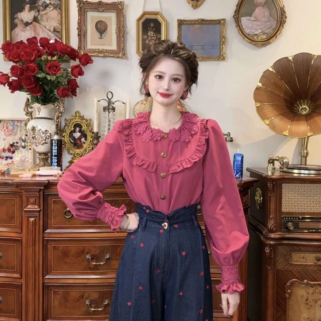 现货一生罗曼【果酱】法式气质上衣秋款女立体花朵长袖衬衫Y5505