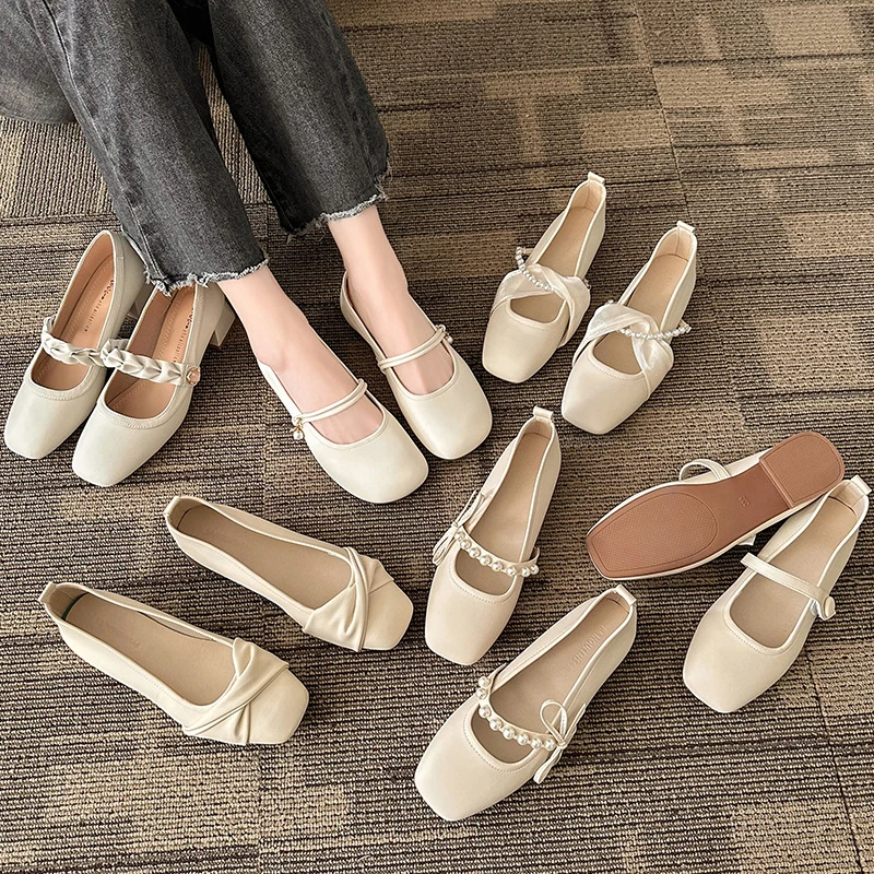 玛丽珍女鞋法式2025春夏季单鞋女爆款浅口方头软底中跟粗跟小皮鞋