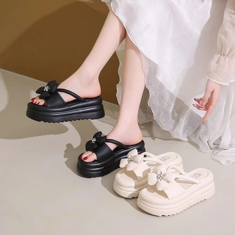 J 33小码厚底凉拖鞋女夏外穿2025新款配裙子仙女增高蝴蝶结沙滩凉