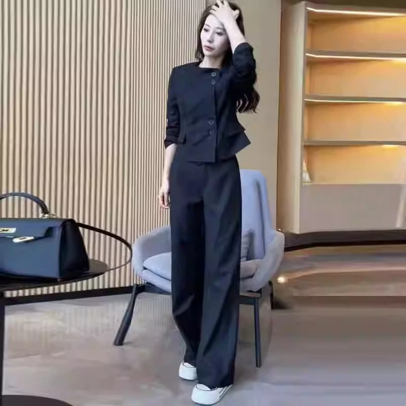 拉夏贝尔时尚显瘦套装女2025秋季新款洋气短外套阔腿裤气质两件套