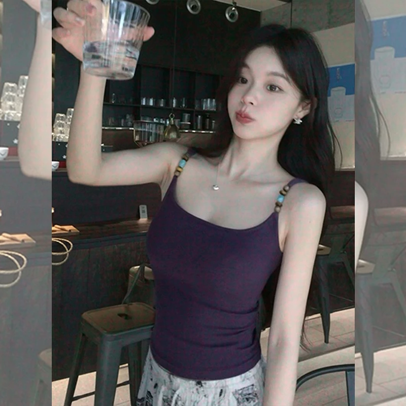 法式小资猫眼石串珠吊带背心女夏内搭美背文胸一体带胸垫外穿上衣