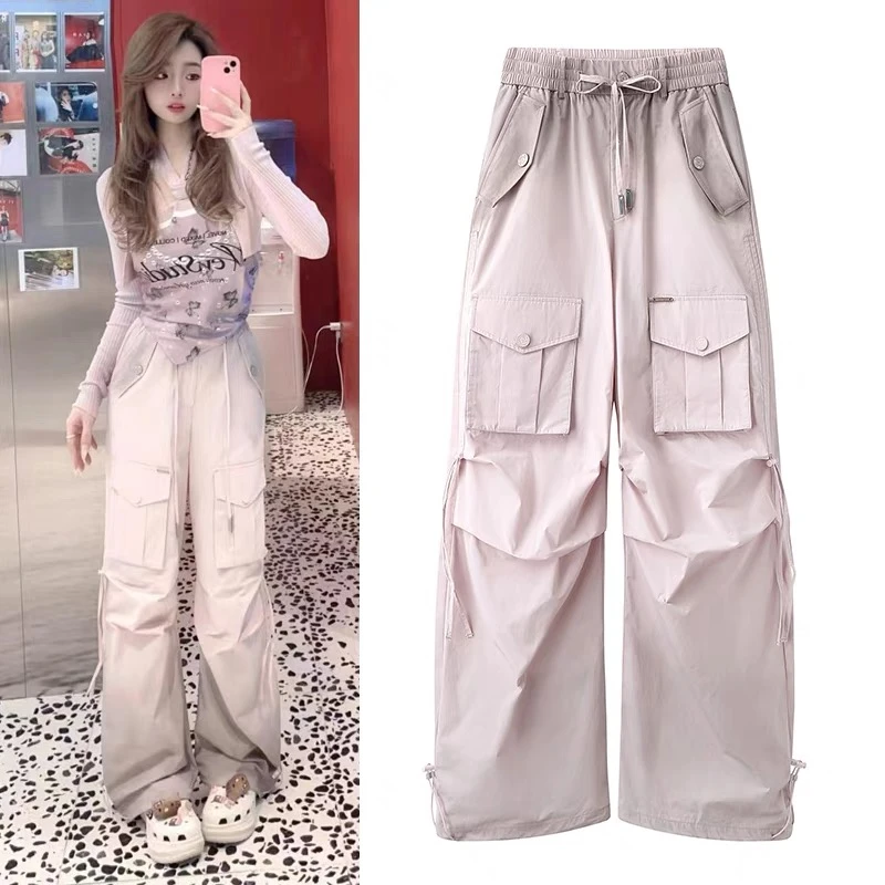 1494春季2025新款时尚甜酷百搭褶皱高腰抽绳脏粉色工装裤