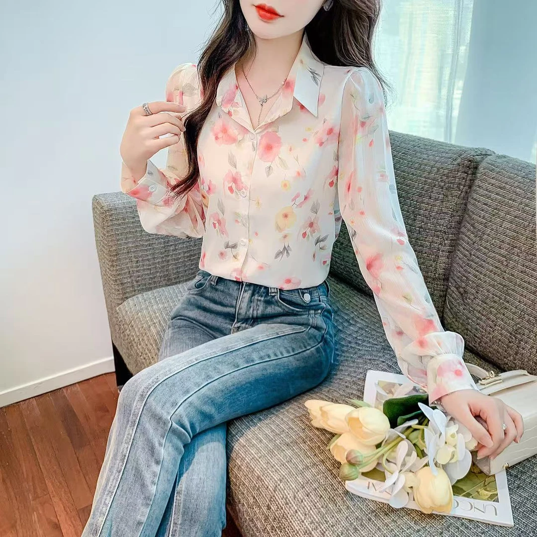 9801设计感小众碎花长袖衬衫新款法式甜美女装衬衣宽松上衣