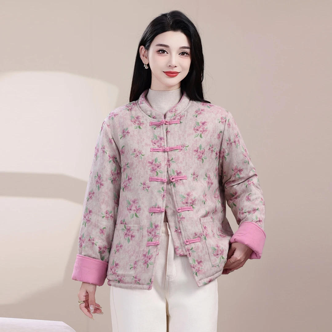 中国风碎花棉服外套女冬新中式对襟盘扣加厚茶服保暖棉衣棉袄