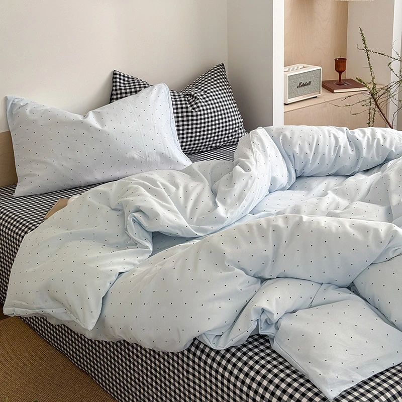 春夏款学生纯棉撞色床上四件套浮游冰岛全棉简约风床单床笠被罩