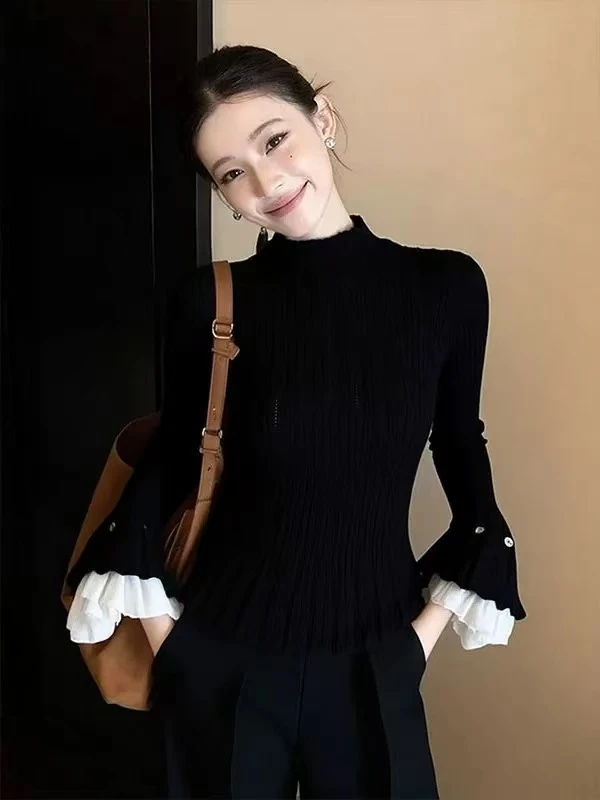 Z632黑色针织衫冬季爆款轻奢高级感独特漂亮法式收腰毛衣时尚