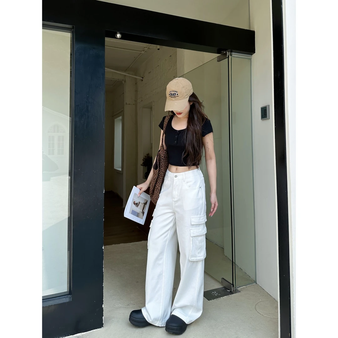 白色裤子女款爆款2025夏季新款宽松显瘦直筒工装裤薄款阔腿牛仔裤