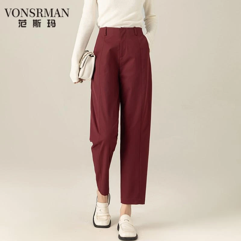 小个子安可拉红色休闲哈伦裤子女2025新款高腰复古九分香蕉镰刀裤