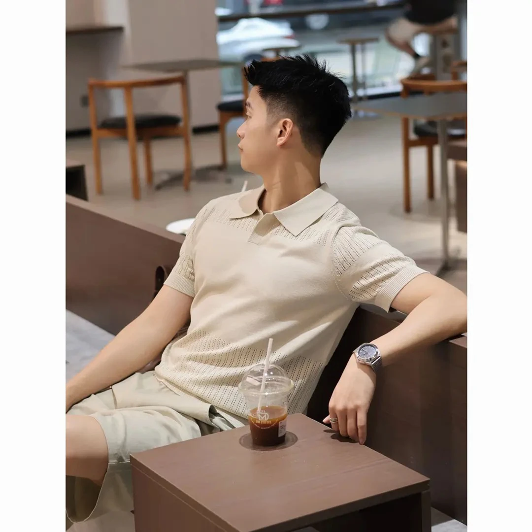 老钱风杏色针织冰丝短袖Polo衫男士夏季穿搭轻薄透气翻领半袖T恤